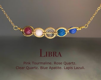 Handmade Libra Crystal Necklace, Zodiac Sign Choker, Pink Tourmaline, Rose Quartz, Clear Quartz, Blue Apatite, Lapis Lazuli, Astrology Gift