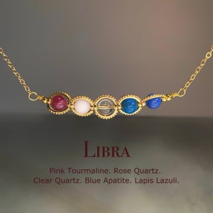 Handmade Libra Crystal Necklace, Zodiac Sign Choker, Pink Tourmaline, Rose Quartz, Clear Quartz, Blue Apatite, Lapis Lazuli, Astrology Gift
