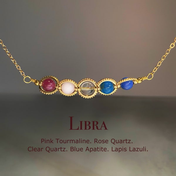 Handmade Libra Crystal Necklace, Zodiac Sign Choker, Pink Tourmaline, Rose Quartz, Clear Quartz, Blue Apatite, Lapis Lazuli, Astrology Gift