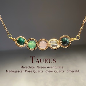 Taurus Crystal Necklace, Handmade Zodiac Necklace, Emerald, Green Aventurine, Clear Quartz, Rose Quartz, Malachite, Natural Astrology Gift