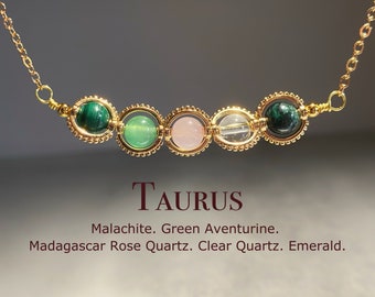 Collier cristal taureau, collier zodiaque fait main, émeraude, aventurine verte, quartz clair, quartz rose, malachite, cadeau astrologie naturelle