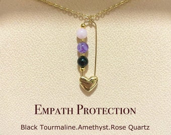 Handmade Empath Protection Necklace, Dainty Heart Safety Pins With Genuine Crystal Beads, Anniversary Gift For Her, Meditation