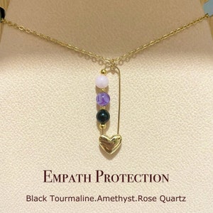 Handmade Empath Protection Necklace, Dainty Heart Safety Pins With Genuine Crystal Beads, Anniversary Gift For Her, Meditation
