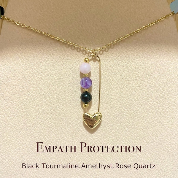 Handmade Empath Protection Necklace, Dainty Heart Safety Pins With Healing Crystal Beads, Anniversary Gift For Her, Anti Anxiety, Meditation