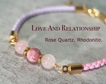 Love Themed Bracelet, Rose Quartz, Rhodonite, Braided Leather Cord, Gemstone Bracelet, Personal Growth, New Beginnings, Gift For Bestie