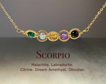 Collier cristal Scorpion, collier zodiaque fait main, labradorite, obsidienne, citrine, malachite, améthyste, cadeau bijoux astrologie naturelle
