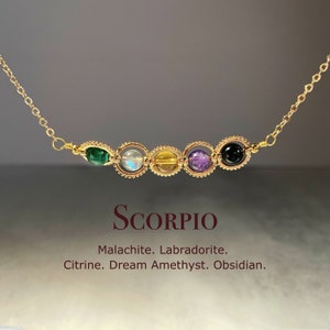 Collier cristal Scorpion, collier zodiaque fait main, labradorite, obsidienne, citrine, malachite, améthyste, cadeau bijoux astrologie naturelle