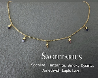 Dainty Sagittarius Crystal Necklace, Zodiac Star Choker, 3mm Gemstone Birthday Gift, Sodalite, Tanzanite, Smoky Quartz,Amethyst,Lapis Lazuli