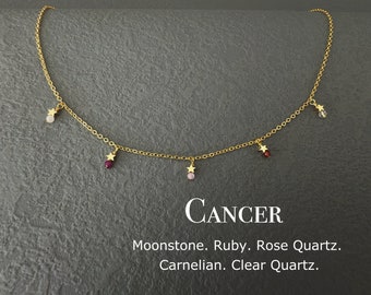 Dainty Cancer Crystal Necklace, Zodiac Star Choker, Birthday Gift For Her, Moonstone, Ruby, Rose Quartz, Carnelian, Clear Quartz, Astrology