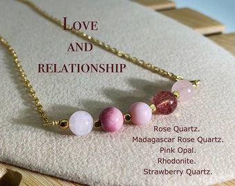 Love And Connection Necklace, Rose Quartz, Rhodonite, Pink Opal, Strawberry Quartz, Dainty Pin With Geniue Crystal Beads, Broke Up