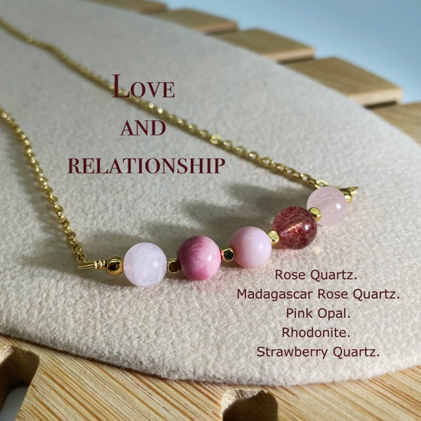 Collier Love And Connection, quartz rose, rhodonite, opale rose, quartz fraise, épingle délicate avec perles de cristal de génie, Rupture