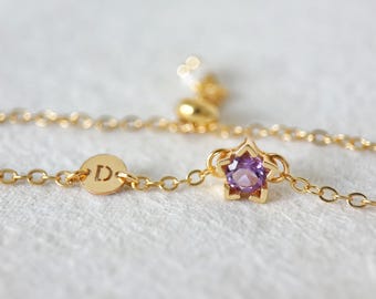 Personalized Birthstone Initial Bracelet With Star Charm, Genuine Real Gemstone, Custom Combined Name & Birthstone Birthday Gift For Her