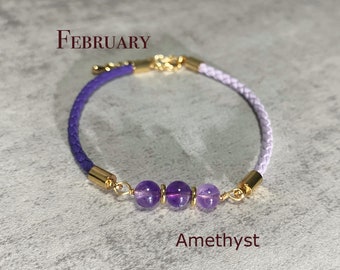 Amethyst Bracelet, February Birthstone, Braided Leather Cord, Dream Amethyst Crystal Beads, Birthday Gifts For Women, Delicate Jewelry#Feb02