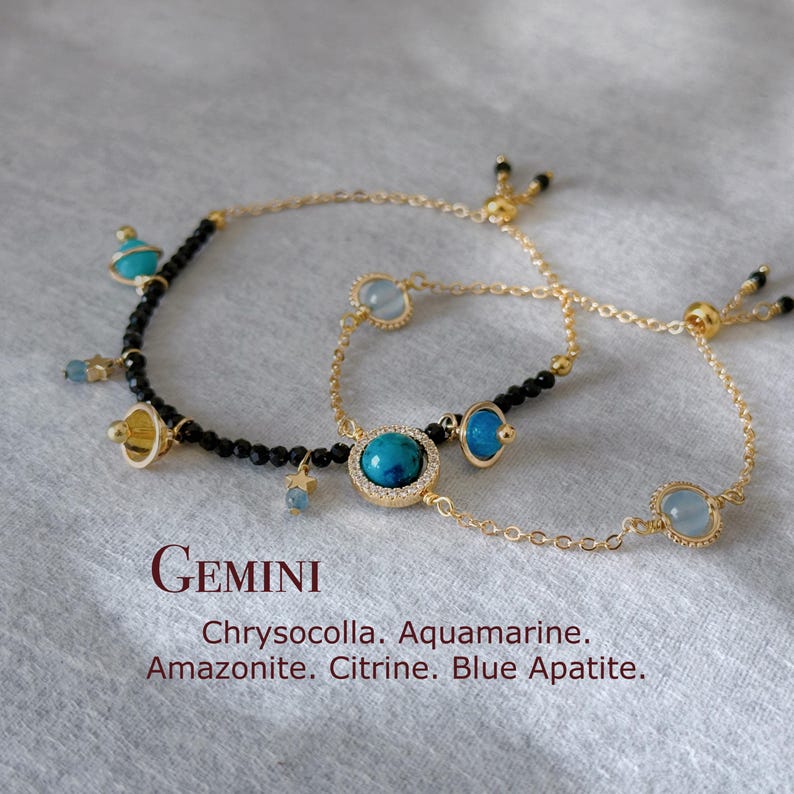 Gemini Planet Bracelet, Zodiac Stacking Bracelet Set, Saturn Charms, Chrysocolla, Aquamarine, Amazonite, Citrine, Tiger Eye, Birthday Gift