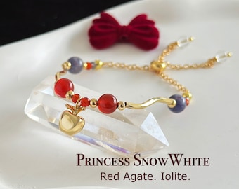 Princess Snow White Inspire Bracelet, Apple Charm, Natural Crystal, Red Agate, Iolite, Elegant Birthday Gift for Girl, Bridesmaid Jewelry