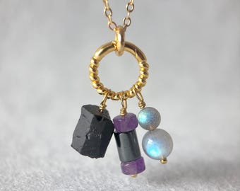 Raw Black Tourmaline Amethyst Labradorite Empath Necklace, Aura Protection Necklace