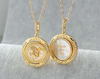 Spinning Zodiac Necklace Engraved Mother Of Pearl, Personalized Star Sign Celestial Pendant