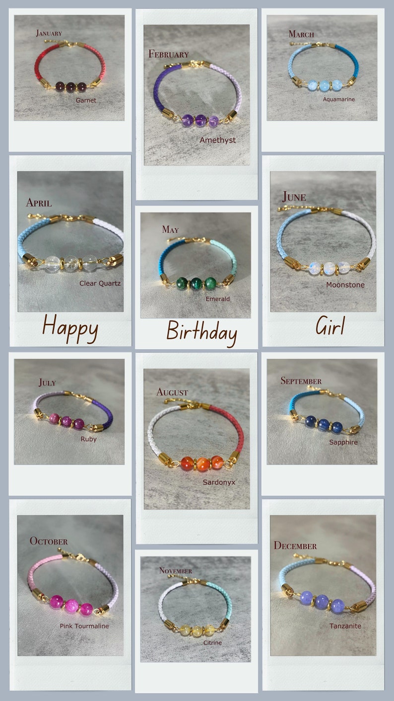 May include: Twelve colourful bracelets with gold accents and gemstone beads. Each bracelet represents a different month of the year. The bracelets are arranged in a grid with the month name and gemstone name below each bracelet.