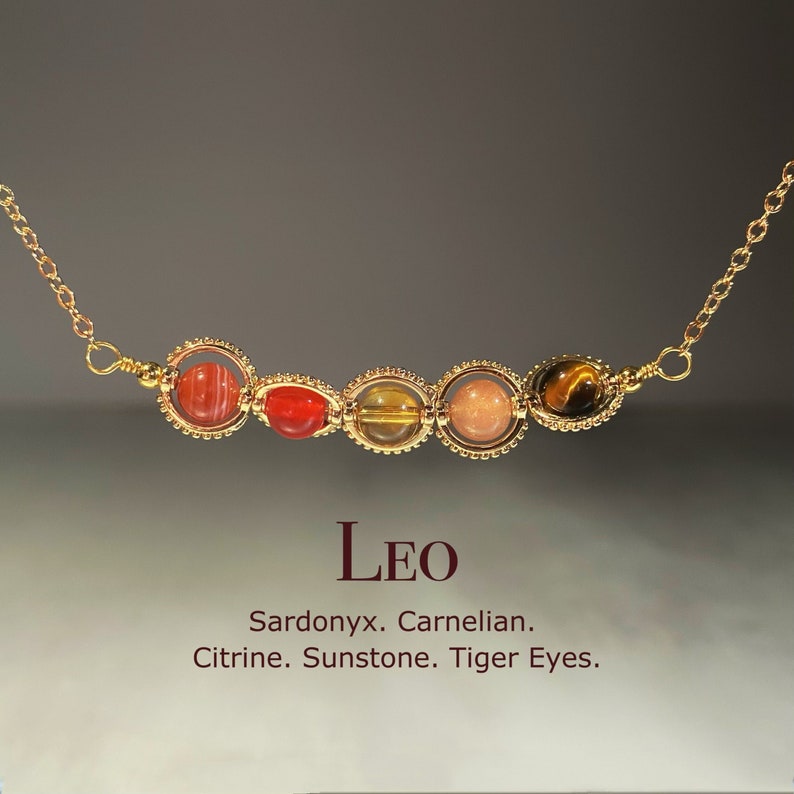 Handmade Leo Crystal Necklace, Zodiac Choker, Carnelian, Sunstone, Tiger Eye, Sardonyx, Citrine, Natural Astrology Sign Jewelry, Birthday image 1