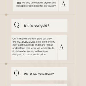 May include: A Q&A section with three questions and answers about jewellery. The questions are: Are these real crystals? Is this real gold? Will it be tarnished? The answers explain that the crystals are real, the jewellery is not solid gold, and that the jewellery is protected against tarnishing. The text also mentions a 100-day warranty for free replacement.