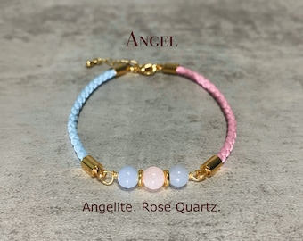 Angelic Crystal Bracelet, Angelite, Rose Quartz, Leather Cord, Guardian Angel Inspired, Gift For Her, Couple#AN01