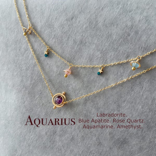 Wassermann Planet Halskette, Sternzeichen Halskette Set, Saturn Anhänger Choker, Labradorit, blauer Apatit, Rosenquarz, Aquamarin, Amethyst