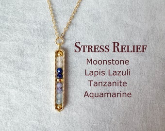Simple Calming Necklace, Genuine Crystal, Moonstone, Lapis Lazuli, Tanzanite, Aquamarine, Negative Energy Release, Gift For Daughter