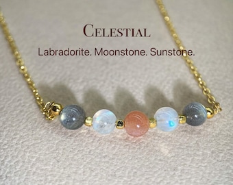 Genuine Galaxy Necklace Labradorite, Moonstone, Sunstone Necklace, Handmade Jewelry, 6mm Gems Beads Necklace, Birthday Gift For Her#LMS04