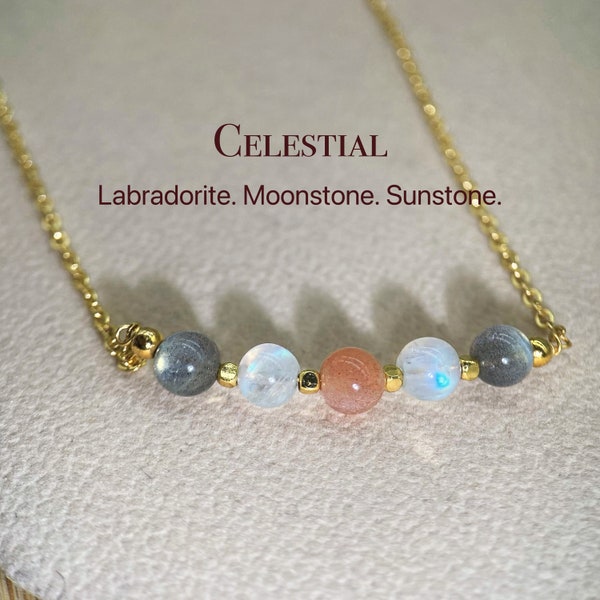 Collier galaxie véritable Labradorite, pierre de lune, collier pierre de soleil, bijoux faits main, collier de perles de 6 mm, cadeau d'anniversaire pour elle #LMS04