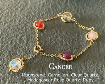 Handmade Cancer Crystal Bracelet, Zodiac Gemstones, Moonstone, Carnelian, Clear Quartz, Rose Quartz, Ruby, Natural Astrology Sign Jewelry