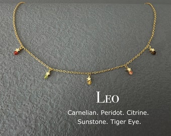 Dainty Leo Crystal Necklace, Zodiac Star Choker, Birthday Gift For Her, Carnelian, Peridot, Citrine, Sunstone, Tiger Eye, Astrology Gift