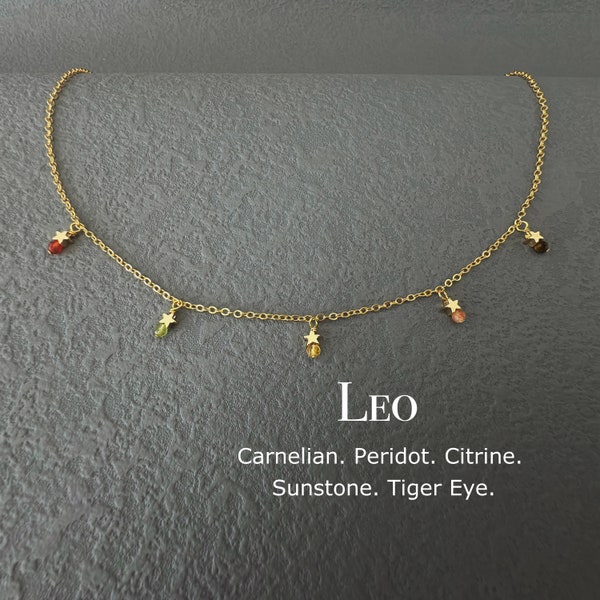 Dainty Leo Crystal Necklace, Zodiac Star Choker, Birthday Gift For Her, Carnelian, Peridot, Citrine, Sunstone, Tiger Eye, Astrology Gift