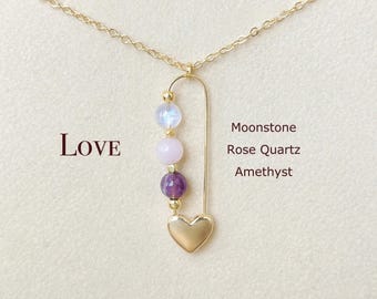 Love-inspired Necklace with Rose Quartz, Moonstone, and Amethyst - Jewelry for Personal Growth, Danity Pin Necklace