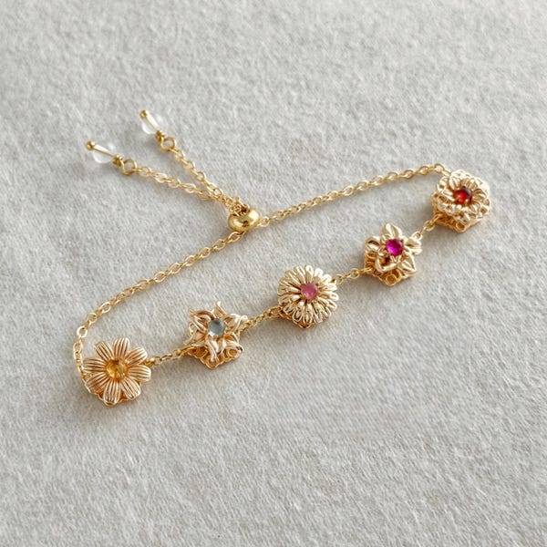 Personalized Birth Flower Bracelet With Real Birthstone, Fidget Spinner Birthflowers, Custom Mother's Day For Mom, Combined Birthflower