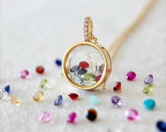 Personalized Family Birthstone Necklace, Locket Pendant with 4mm Real Gemstone, Up To 15 Crystals For Big Family