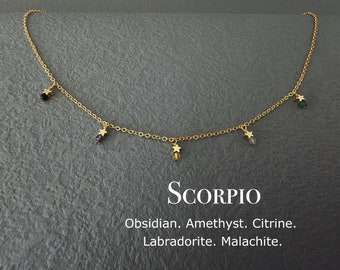 Dainty Scorpio Crystal Necklace, Zodiac Star Choker, 3mm Gemstone Birthday Gift For Her, Obsidian, Amethyst, Citrine, Labradorite, Malachite