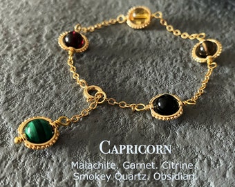 Capricorn Crystal Bracelet, Handmade Zodiac Gemstones, Malachite, Garnet, Citrine, Smokey Quartz, Obsidian,Natural Astrology Sign Jewelry