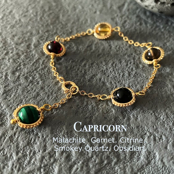 Capricorn Crystal Bracelet, Handmade Zodiac Gemstones, Malachite, Garnet, Citrine, Smokey Quartz, Obsidian,Natural Astrology Sign Jewelry