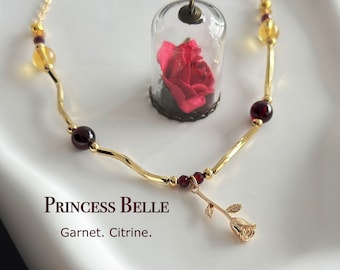 Princess Belle Inspired Necklace, Rose Pendant, Elegant Natural Crystal Choker, Garnet, Citine, Birthday Gift for Girl, Bridesmaaid Jewelry