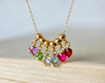 Multi Real Birthstone Necklace, Custom Family Natural Crystal Cluster Charm for Mom or Grandma