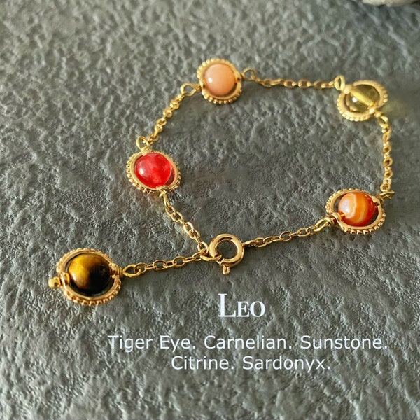 Handmade Leo Crystal Bracelet, Zodiac Gemstones, Carnelian, Sunstone, Tiger Eye, Sardonyx, Citrine, Natural Astrology Sign Jewelry, Birthday