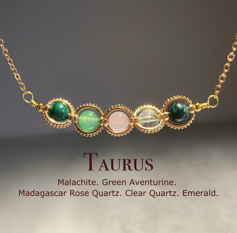 Taurus Crystal Necklace, Handmade Zodiac Necklace, Emerald, Green Aventurine, Clear Quartz, Rose Quartz, Malachite, Natural Astrology Gift image 1