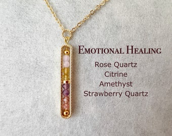 Dainty Emotional Healing Necklace, 3mm Crystal, Rose Quartz, Citrine, Amethyst, Strawberry Quartz, Reiki Necklace, Spiritual Gift For Her
