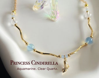 Princess Cinderella Inspired Necklace, High Heel Pendant, Natural Crystal Choker, Aquamarine, Clear Quartz, Birthday Gift for Girlfriend