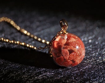 Sparkle Red Bean, Goldstone chips in sphere pendant necklace, orange, 18K gold filled chain, unusual orb pendant, a stone of inspiration