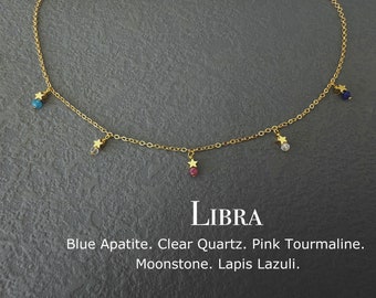 Dainty Libra Crystal Necklace, Zodiac Star Choker, Birthday Gift For Her, Blue Apatite-Clear Quartz-Pink Tourmaline-Moonstone-Lapis Lazuli