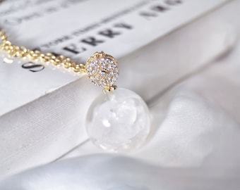 Milky Milky-Natural White Quartz gemstone chips in sphere pendant necklace, 18K gold filled chain, unusual orb pendant