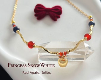 Princess Snow White Inspired Necklace, Apple Pendant, Natural Crystal Choker, Red Agate, Iolite, Birthday Gift for Girl, Bridesmaid Jewelry