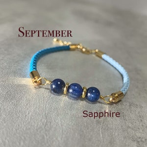 Sapphire Bracelet, September Birthstone, Braided Leather Cord, Natural Sapphire Crystal Beads, Birthday Gifts For Women, Jewelry#Sep02