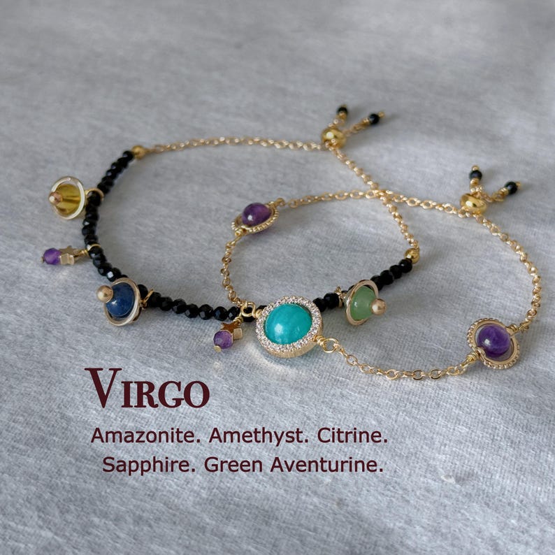Virgo Planet Bracelet, Zodiac Stacking Bracelet Set, Saturn Charms, Amazonite, Amethyst, Citrine, Sapphire, Green Aventurine, Mother's Day